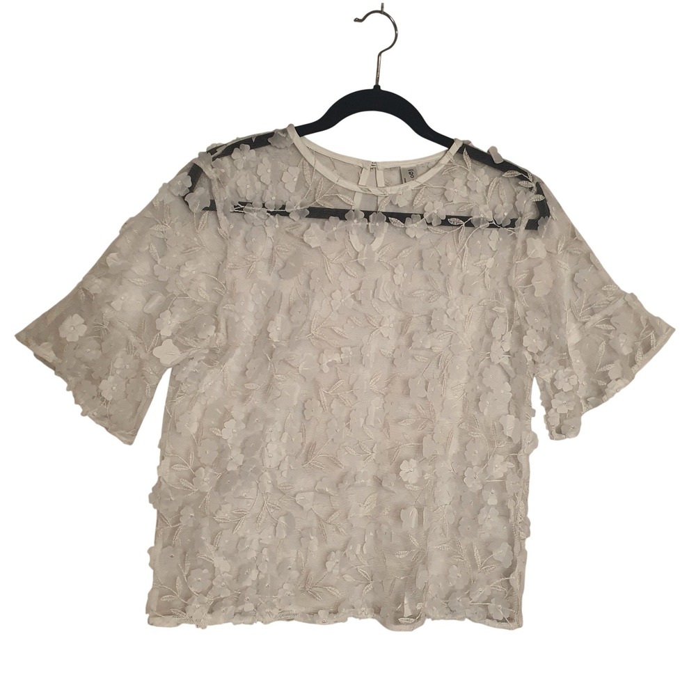 White 3D Floral Applique Mesh Blouse Sheer Short Sleeve Top Cover Up‎ Sheer Boho